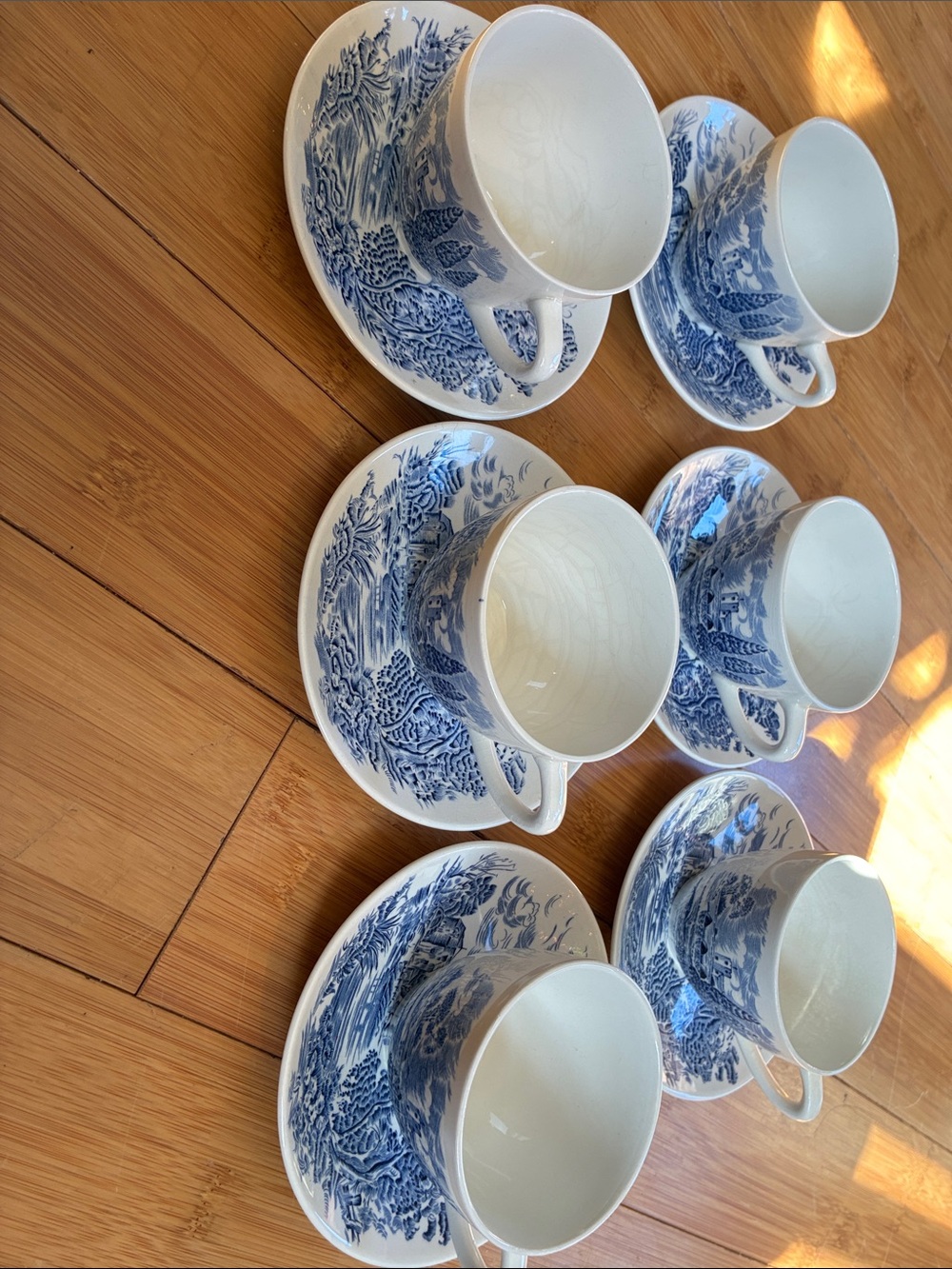Vintage Enoch Wedgwood "Countryside" Blue Teacups & Saucers - Set of 6